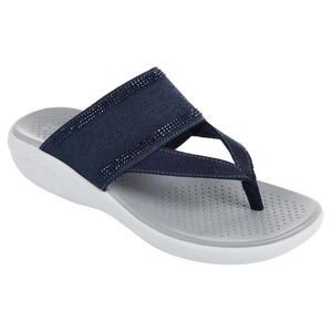 NIB LifeStride Bzees Air Step Canvas Navy Rhinestone Thong Wedge Sandals Sz 8M